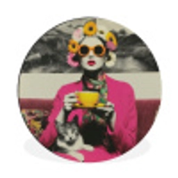 Vrouw - Kat - Bloemen - Kopje - Retro Wandcirkel aluminium klein -3d