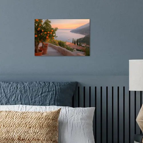Middelandse zee - Sinaasappel - Heuvels - Zee poster papier klein -sfeer2