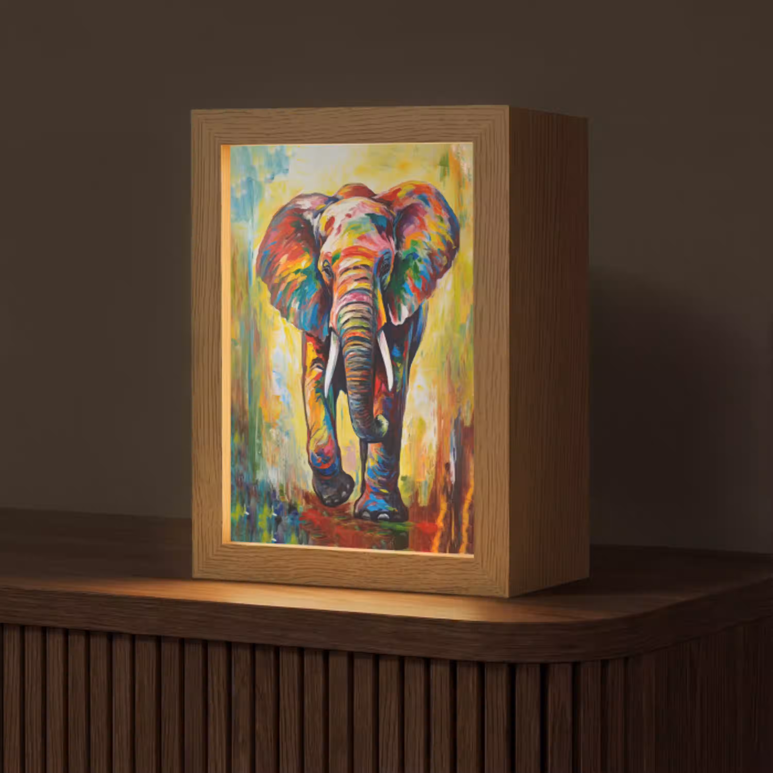Olifant - Kunst - Schilderij - Dieren - Regenboog Light Box met kabel (Tafellamp) klein -z3d_website