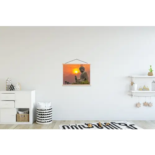 Buddha - Zonsondergang - Boeddha beelden - Planten textielposter latten blank klein -kinderkamer