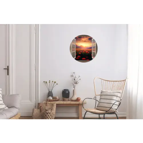 Doorkijk - Klaprozen - Bloemen - Rood - Open raam Wandcirkel aluminium klein -woonkamer