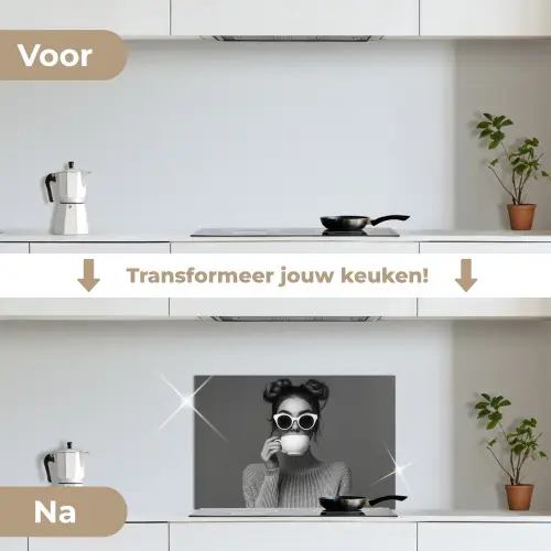 Vrouw - Koffie - Zwart - Wit keuken achterwand spatscherm klein -voor_na_NL