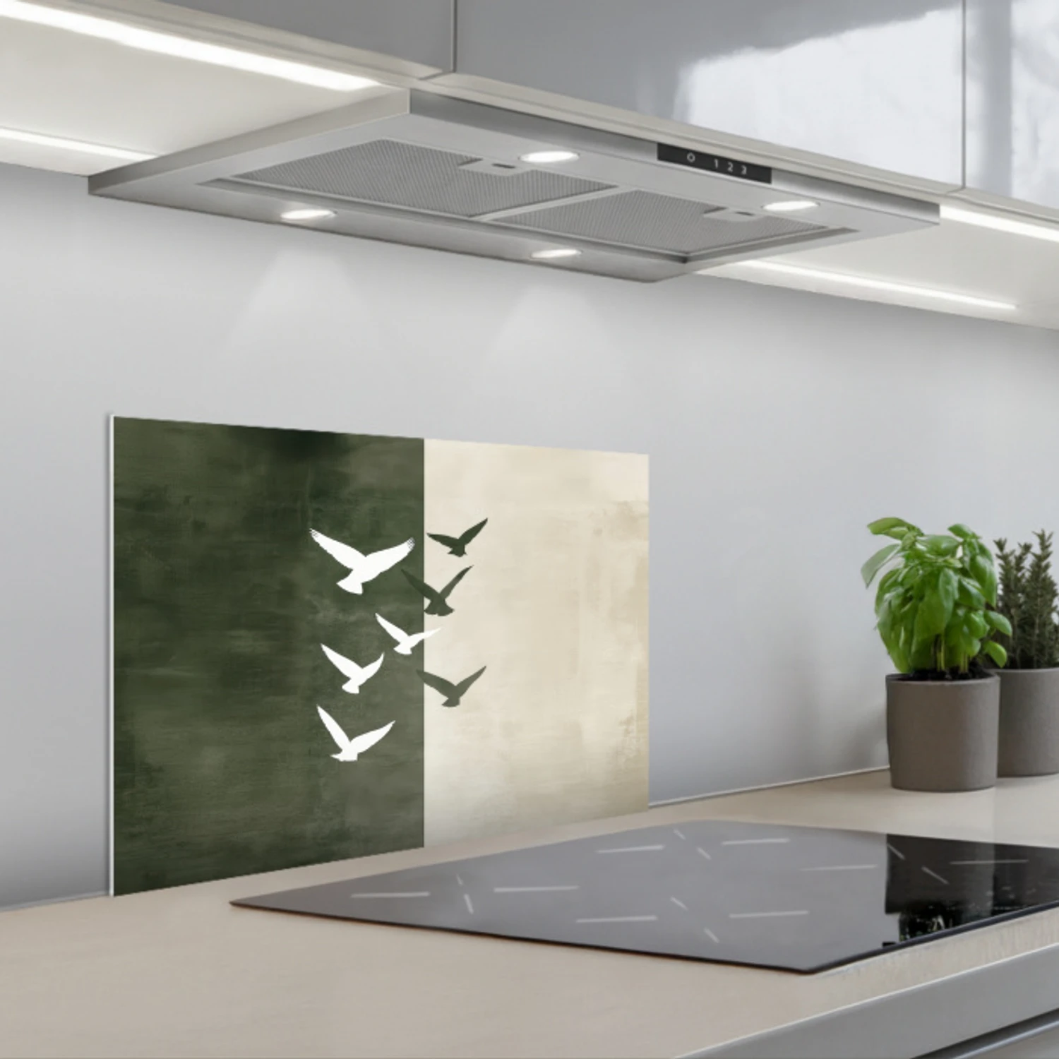 Japandi - Vogel - Groen keuken achterwand spatscherm klein -3d_schuin