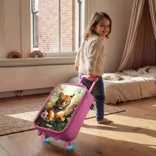 Tijger in bloemenveld met vlinders en zonlicht Kinderkoffer - Roze klein -sfeer1