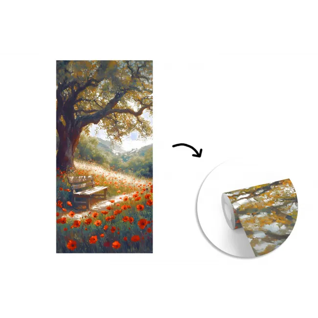 Bankje - Boom - Klaprozen - Heuvels fotobehang vinyl groot -3d