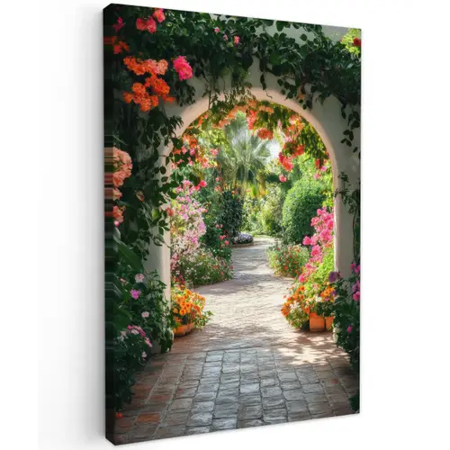 Doorkijk - Bloemen - Natuur - Bloementuin Tuinposter op houten frame 2 cm dik klein -3d