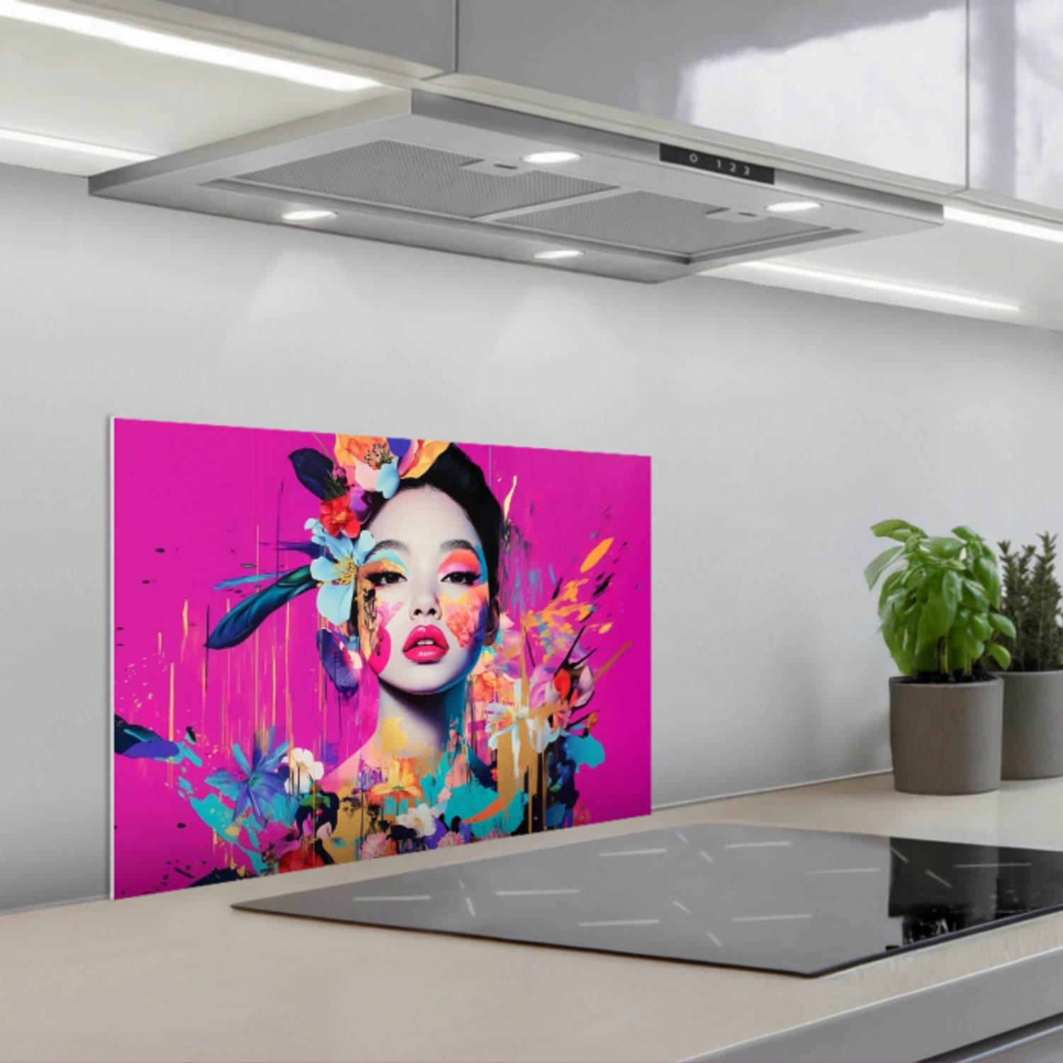 Vrouw - Portret - Abstract - Paars keuken achterwand spatscherm klein -3d_schuin