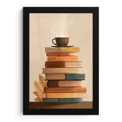 Boeken - Toren - Koffie - Beige fotolijst zwart zonder passe partout klein -3d