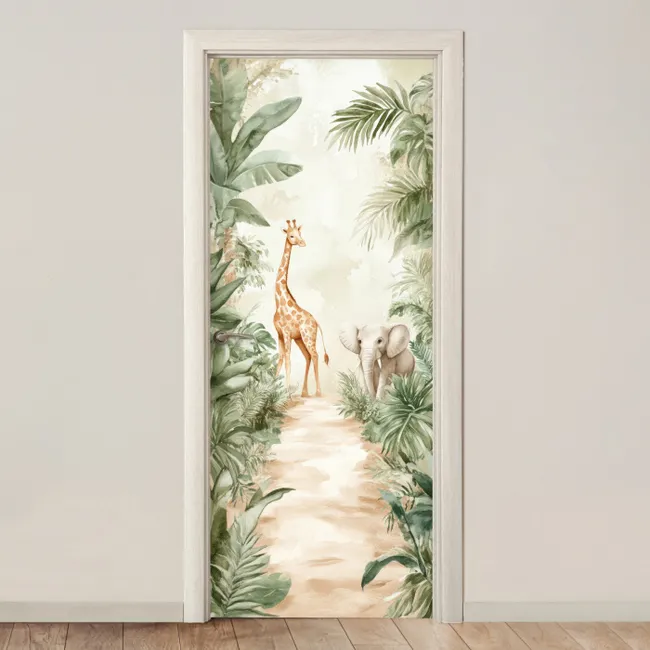 Door sticker - Jungle - Giraffe - Elephant - Green - Nature