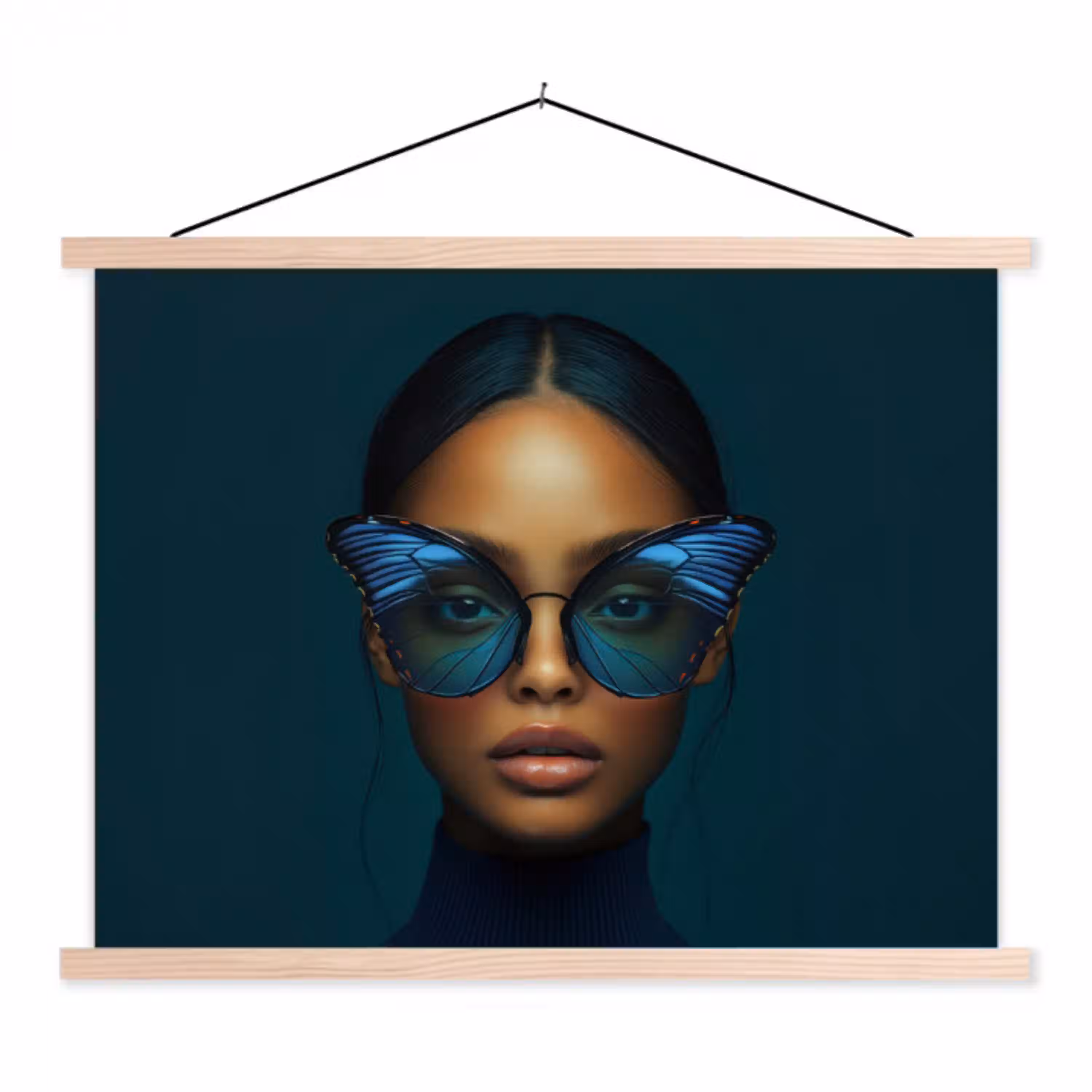 Vrouw - Vlinder - Bril - Blauw - Modern - Portret textielposter latten blank klein -3d