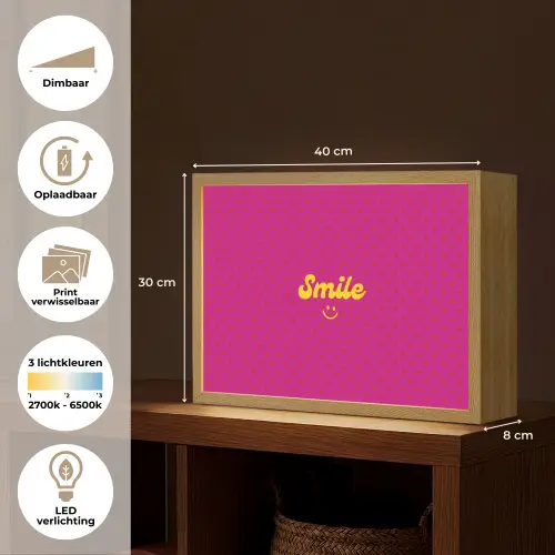 Smile - Stippen - Geel - Smiley - Roze Light Box met batterij (Wandlamp) middel -USP_websiteoverzichtNL