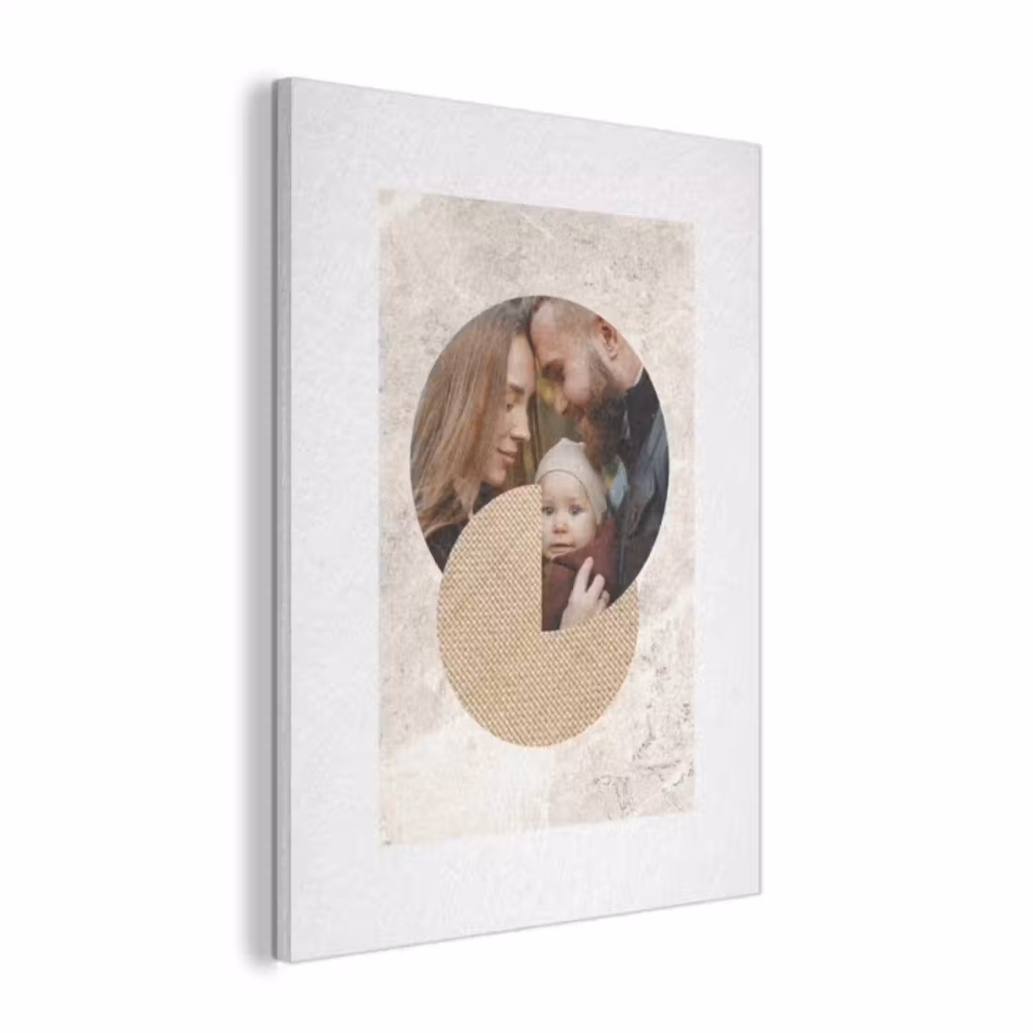 Akoestisch schilderij - Ronde fotocollage met beige textuur en marmeren achtergrond