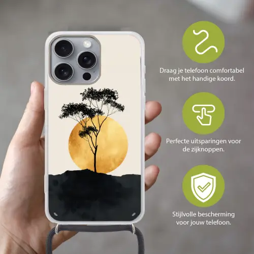 Zwarte boom - Gouden cirkel - Heuvel Hoesje iPhone 16 Pro Max met koord klein -sfeer2_NL