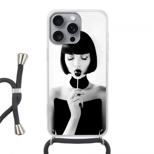 Vrouw - Lolly - Zwart - Wit Hoesje iPhone 16 Pro Max met koord klein -3d