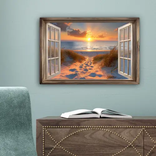 Doorkijk - Strand - Duinen - Zonsondergang canvas 2cm klein -sfeer4