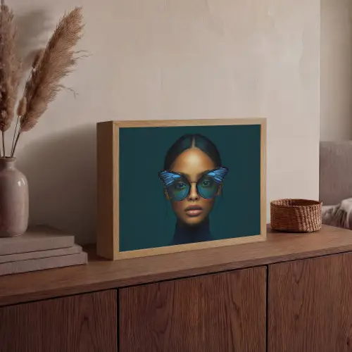 Vrouw - Vlinder - Bril - Blauw - Modern - Portret Light Box met batterij (Wandlamp) middel -sfeer2