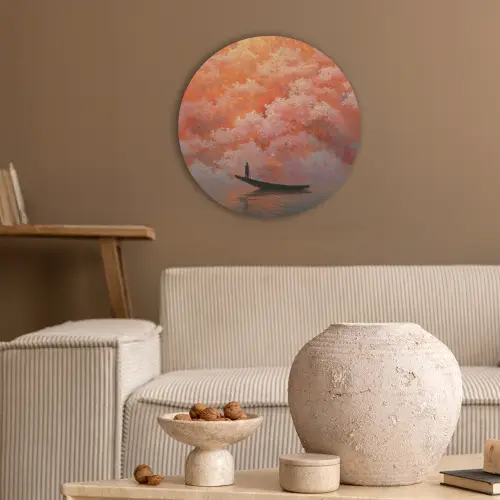 Zee - Boot - Wolken - Oranje Akoestische PET Vilt - Rond klein -sfeer1