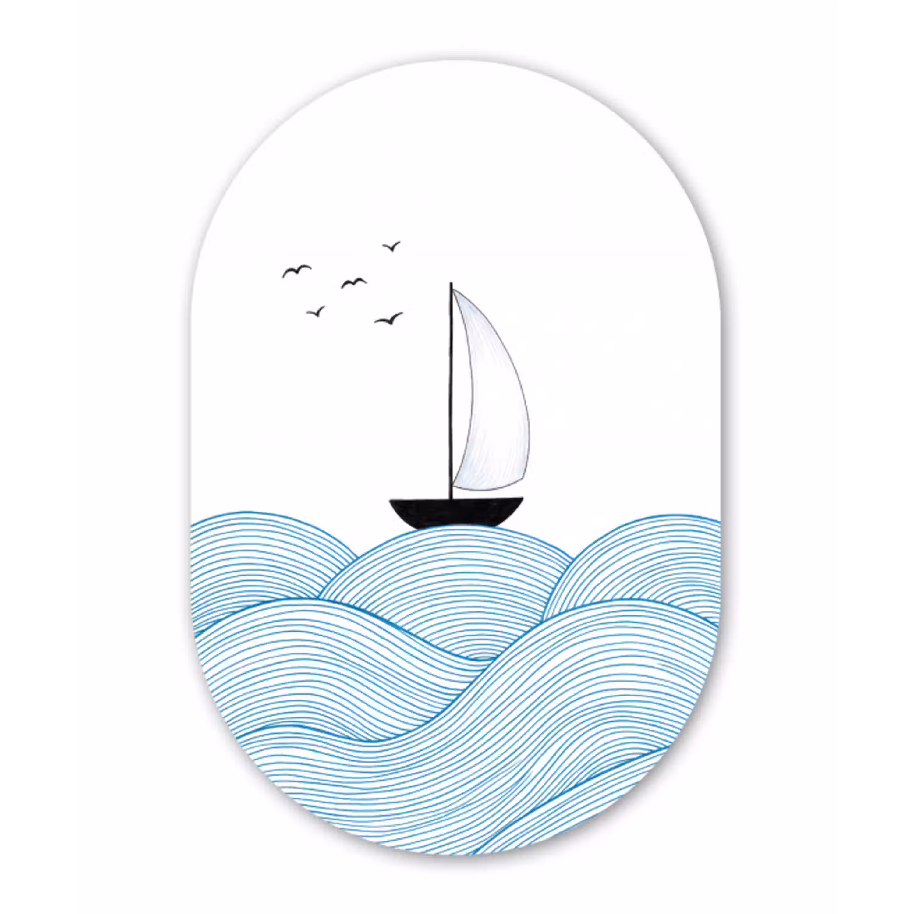 Zeilboot - Golven - Zee - Illustratie - Blauw Wandcirkel Ovaal Aluminium middel -3d