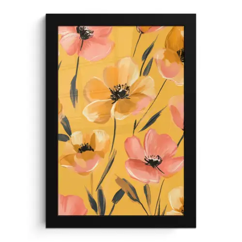 Bloemen - Geschilderd - Geel fotolijst zwart zonder passe partout klein -3d