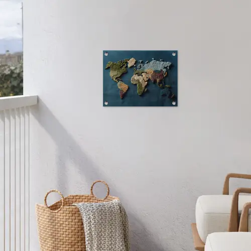 Wereldkaart - Geborduurd - Verschillende tinten tuinposter los doek klein -sfeer8