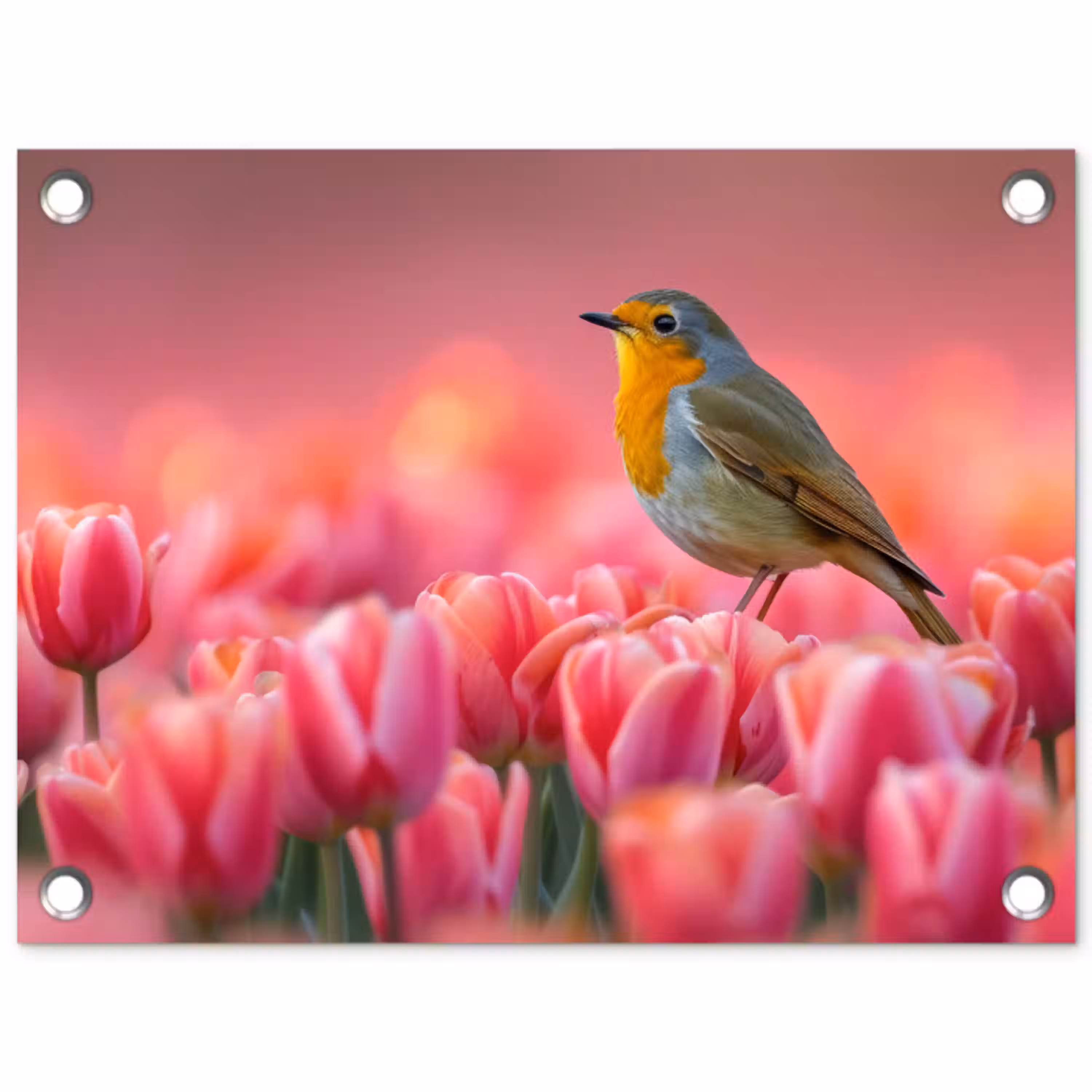 Roodborstje in Tulpenveld tuinposter los doek klein -3d