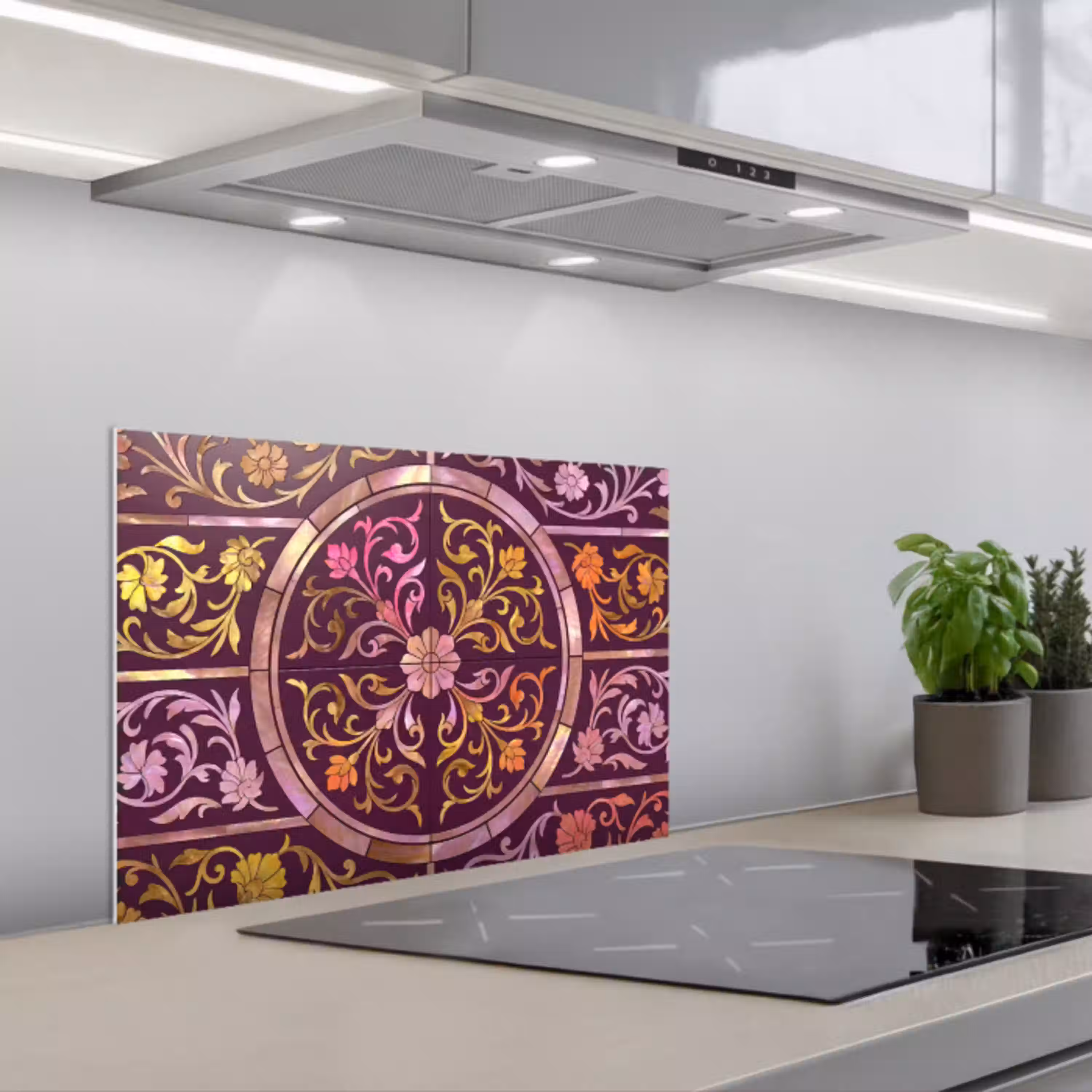 Patroon - Floraal - Oosters - Paars - Goud keuken achterwand spatscherm klein -3d_schuin
