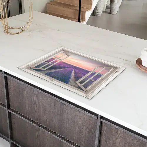 Doorkijk - Lavendel - Bloemen - Hout - Zonsondergang - Paars Inductie beschermer vinyl 3mm middel -sfeer8
