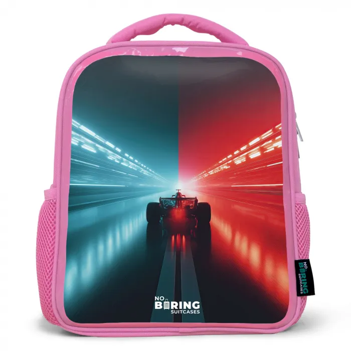 Baan - Raceauto - Neon - Rood Kinderrugzak - Roze middel -3d