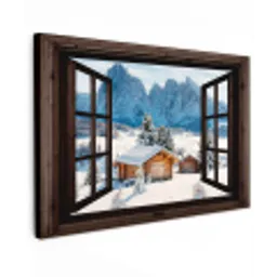 Doorkijk - Winter - Landschap - Huisje - Bergen Tuinposter op houten frame 2 cm dik klein -3d