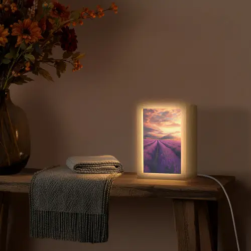 Lavendelveld - Zonsondergang - Paars Light Box met kabel (Tafellamp) klein -sfeer4