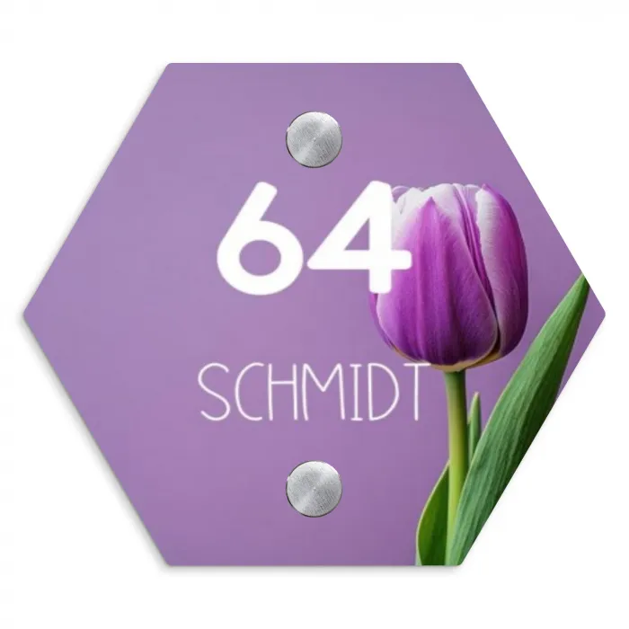 Paarse tulp - Modern Naambord Hexagon klein -3d