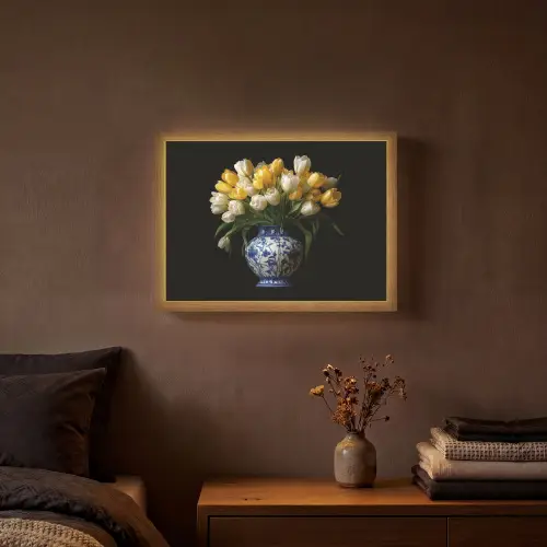 Geel - Tulpen - Vaas - Bloemen Light Box met batterij (Wandlamp) middel -sfeer4
