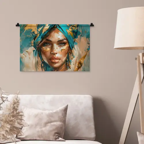 Vrouw - Portret - Goud - Luxe - Blauw Wandkleed katoen klein -sfeer4