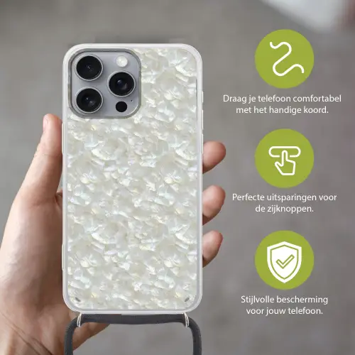 Parelmoerglans - Wit - Schelp Hoesje iPhone 16 Pro Max met koord klein 804 -sfeer2_NL