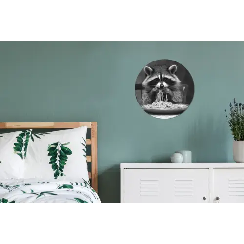 Wasbeer - Cute - Pasta - Tafelkleed - Zwart - Wit Wandcirkel aluminium klein -slaapkamer