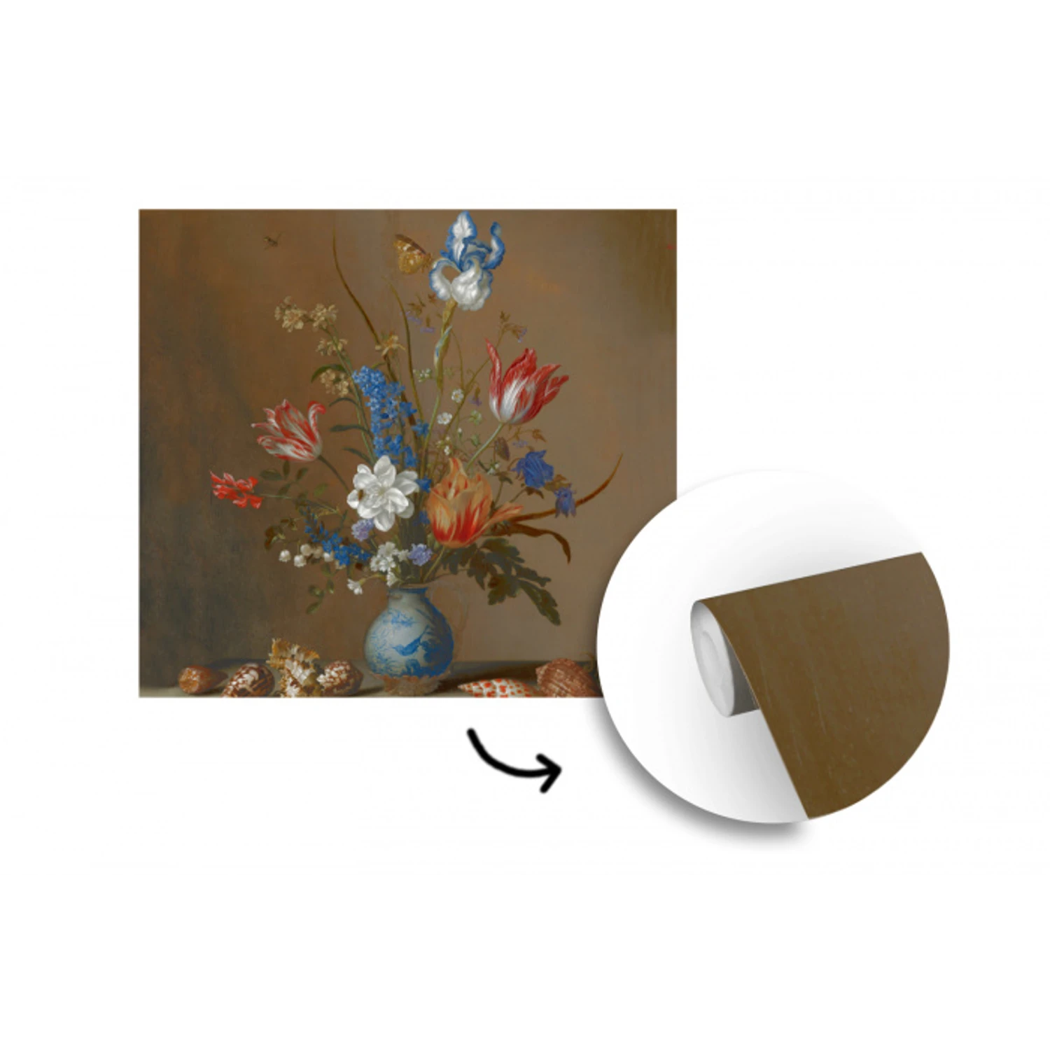 Bloemen in een Wan-Li vaas en schelpen - Schilderij van Balthasar van der Ast fotobehang vinyl groot -3d