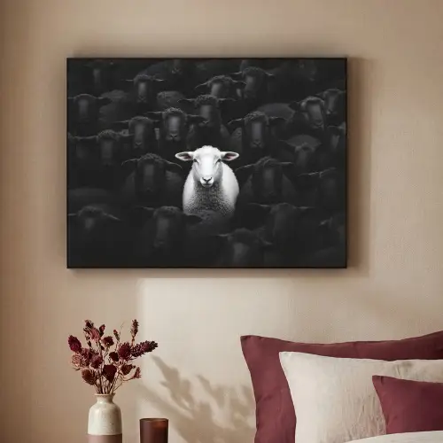 Schapen - Wit - Duisternis Textielframe zwart klein -sfeer1