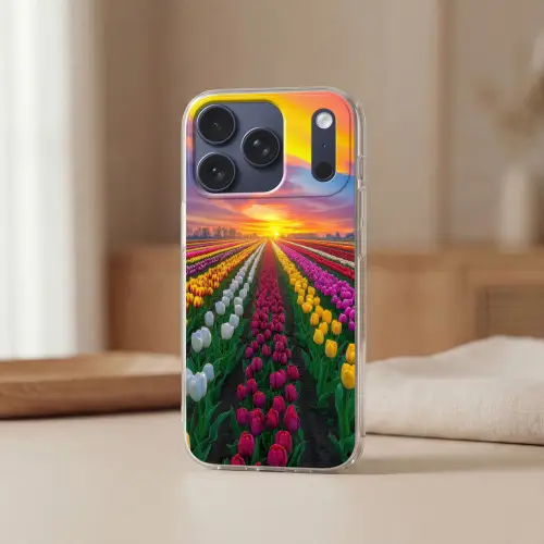 Tulpenveld - Zonsondergang - Kleurrijk Telefoonhoesje iPhone 17 Pro klein -sfeer2