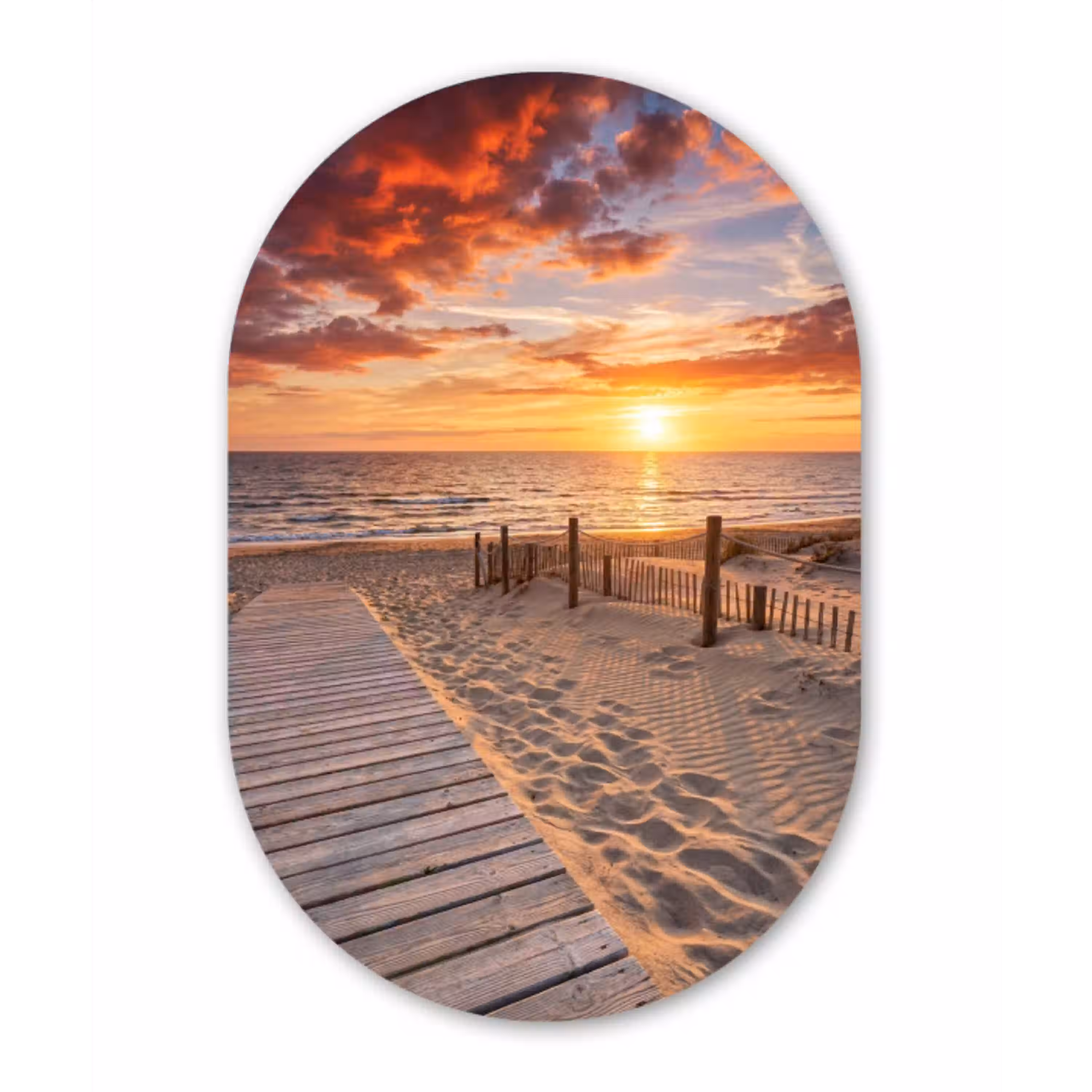 Strand - Zonsondergang - Zee - Natuur - Oranje Wandcirkel Ovaal Aluminium middel -3d