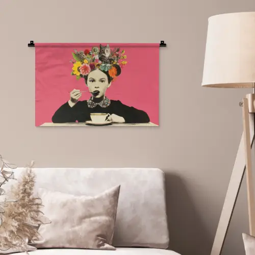 Meisje - Kopje - Bloemen - Roze Wandkleed katoen klein -sfeer4