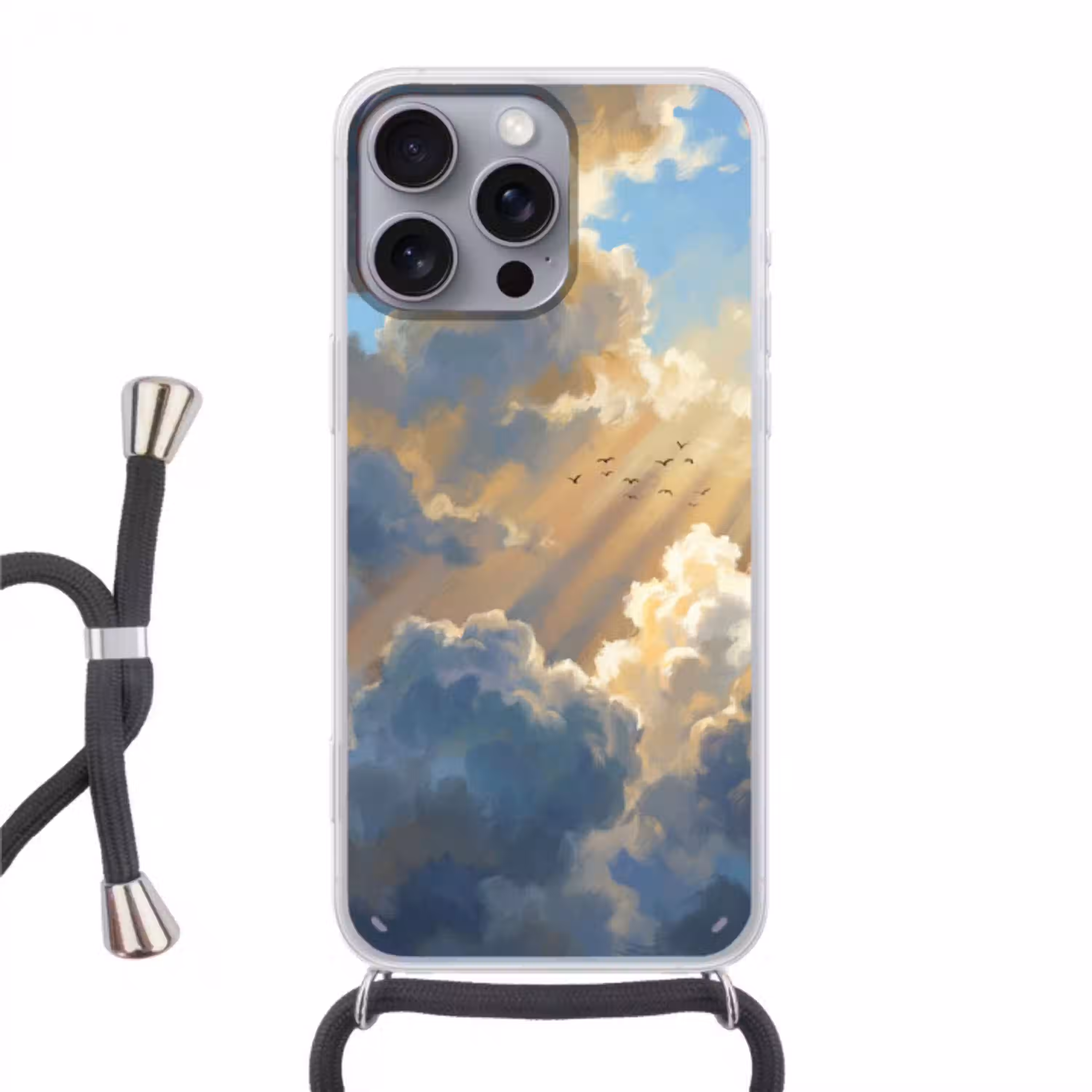 Wolken - Zonnestralen - Natuur - Abstract - Blauw Hoesje iPhone 16 Pro Max met koord klein -3d