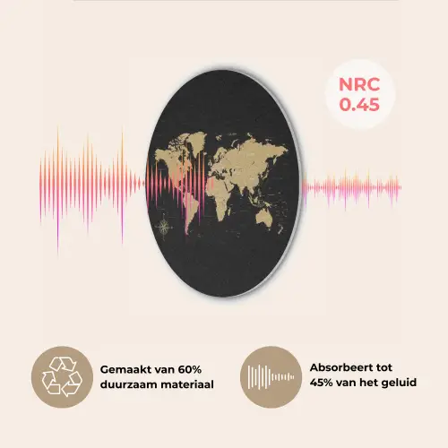 Wereldkaart - Beige - Zwart Akoestische PET Vilt - Rond klein -USP_NL