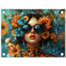 Vrouw - Bloemen - Oranje - Blauw - Modern tuinposter los doek klein -3d