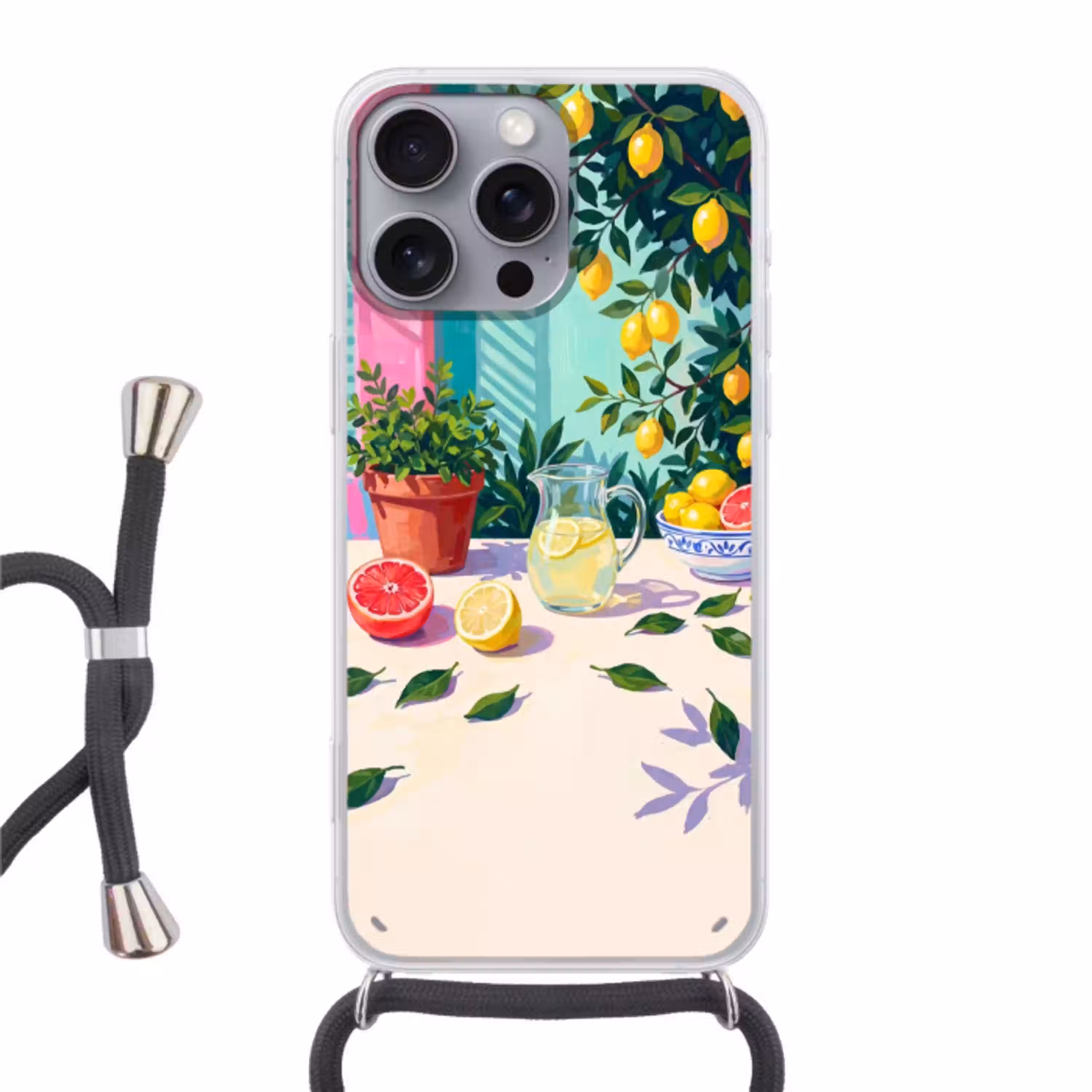 Citroen limonade zomer Hoesje iPhone 16 Pro Max met koord klein -3d