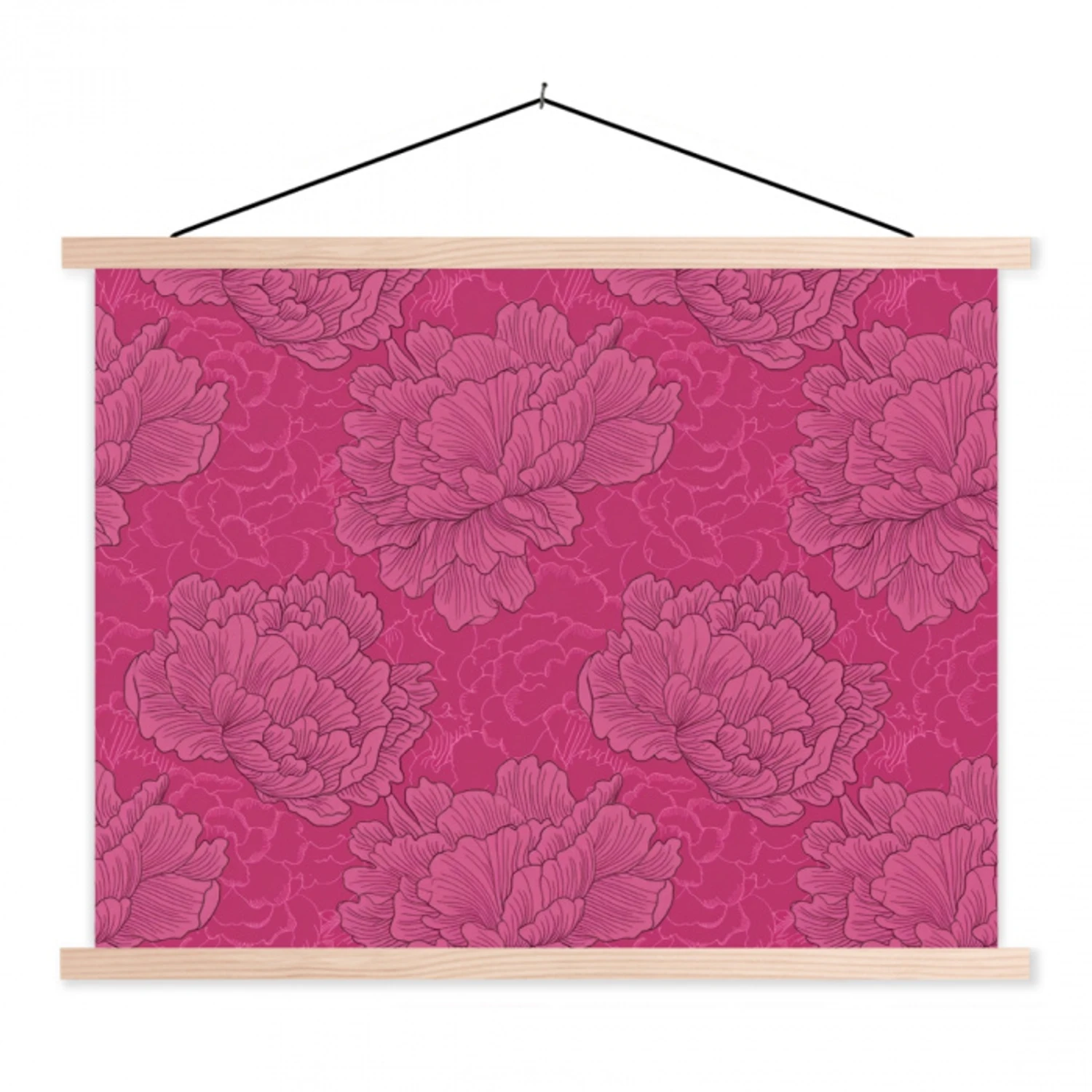 Pioenrozen - Energiek - Roze textielposter latten blank klein 122 -3d