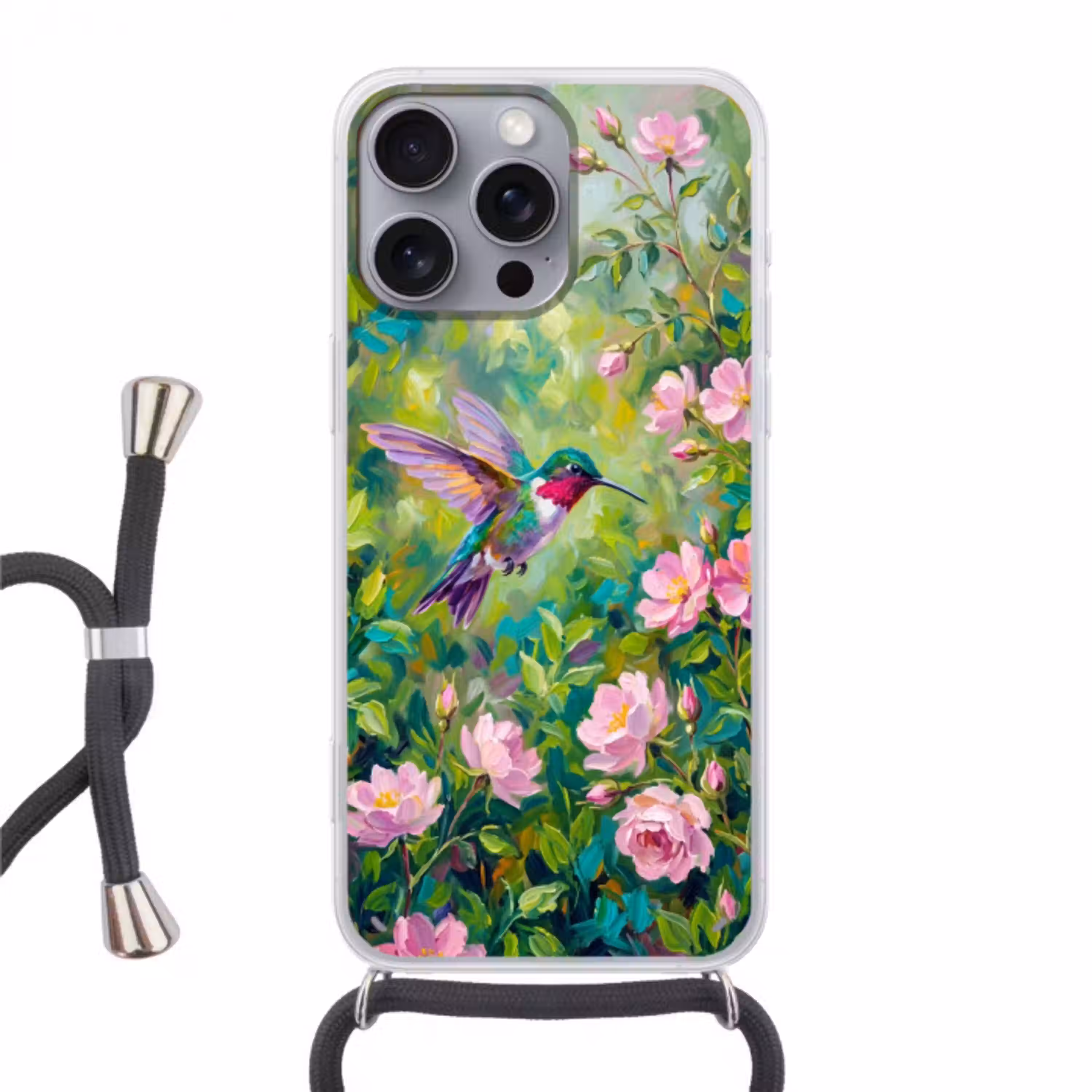 Kolibrie - Bloemen - Natuur - Kleurrijk Hoesje iPhone 16 Pro Max met koord klein -3d