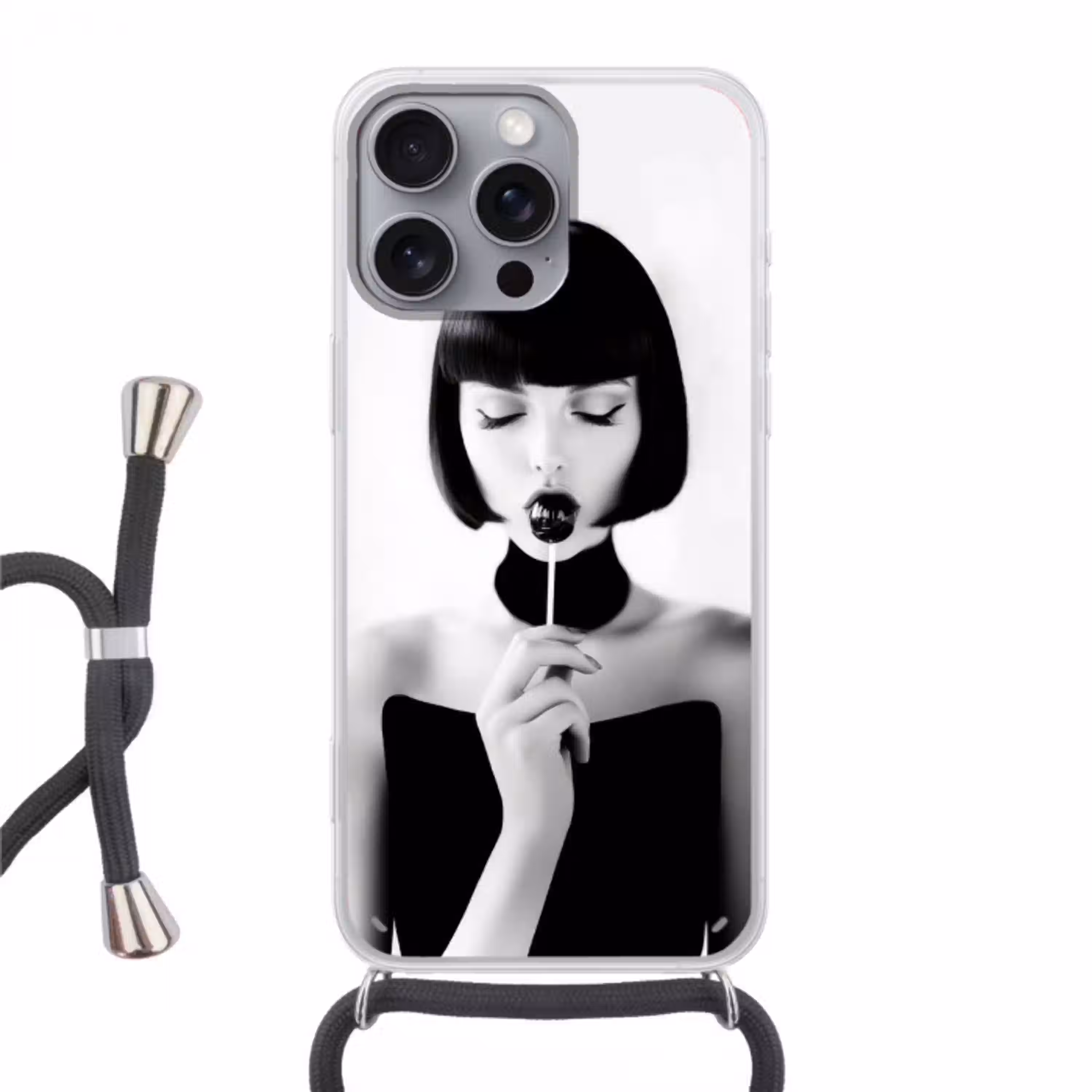 Vrouw - Lolly - Zwart - Wit Hoesje iPhone 16 Pro Max met koord klein -3d