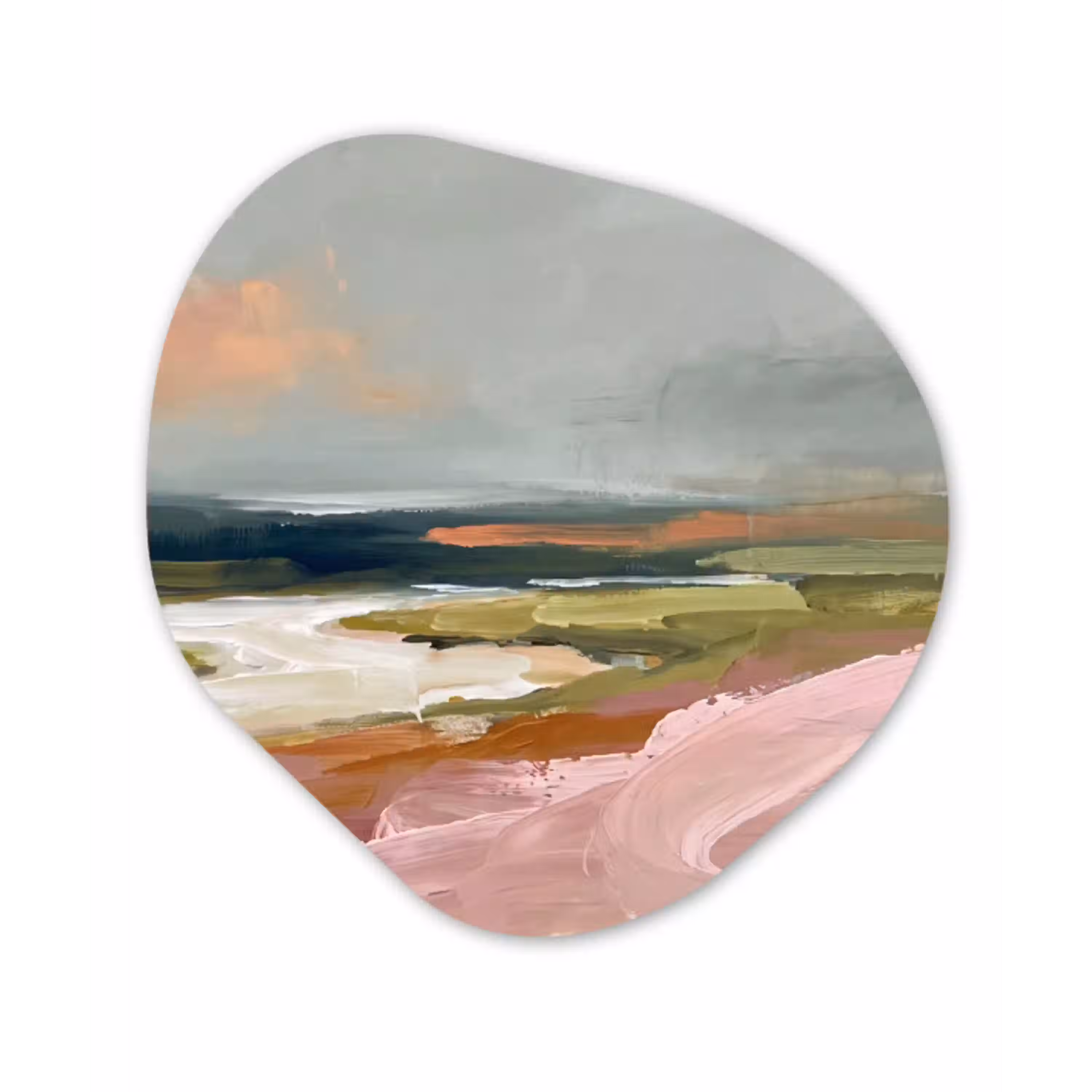 Landschap - Rivier - Abstract - Roze - Groen Wandcirkel Organisch Aluminium middel -3d