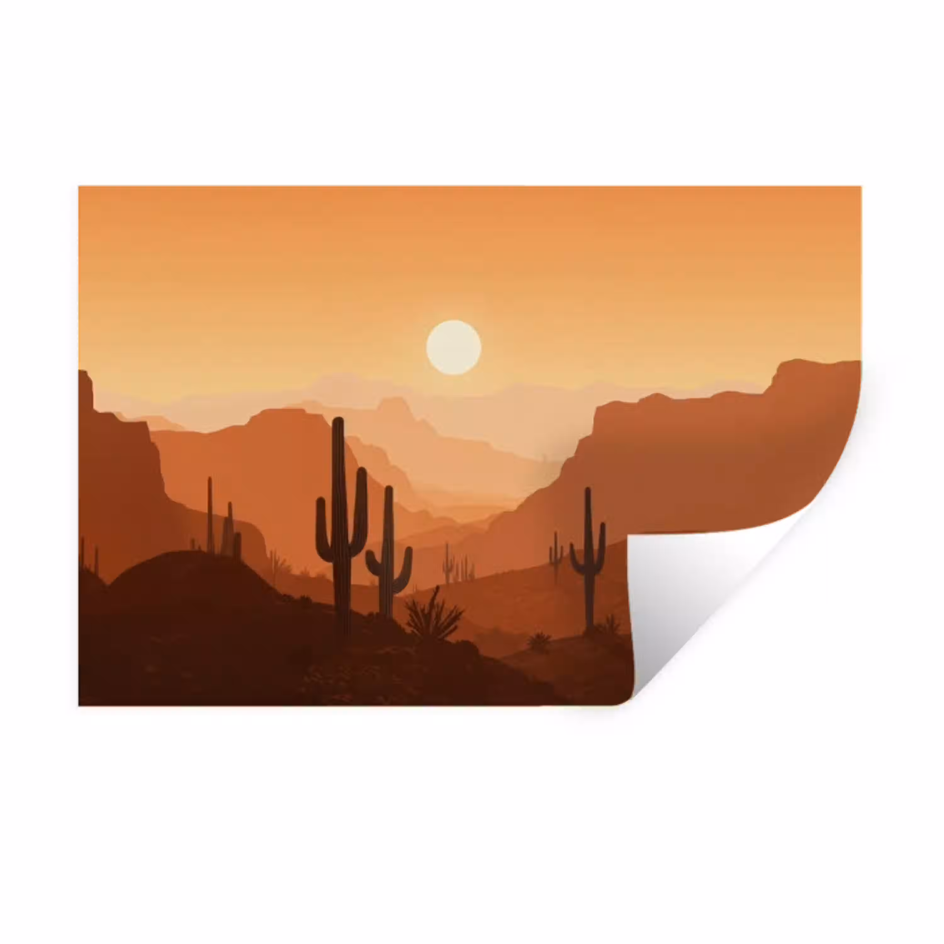 Landschap - Woestijn - Cactussen - Zon Muursticker klein -3d