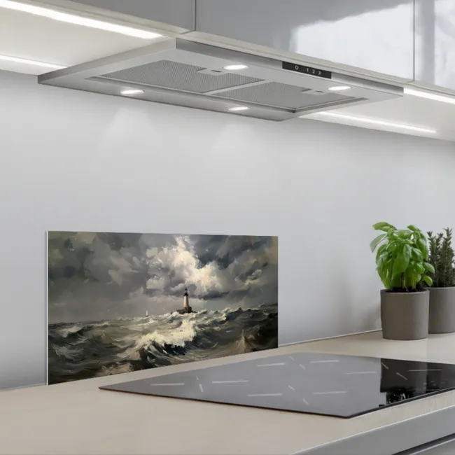 Vuurtoren - Golven - Storm keuken achterwand spatscherm klein -3d_schuin